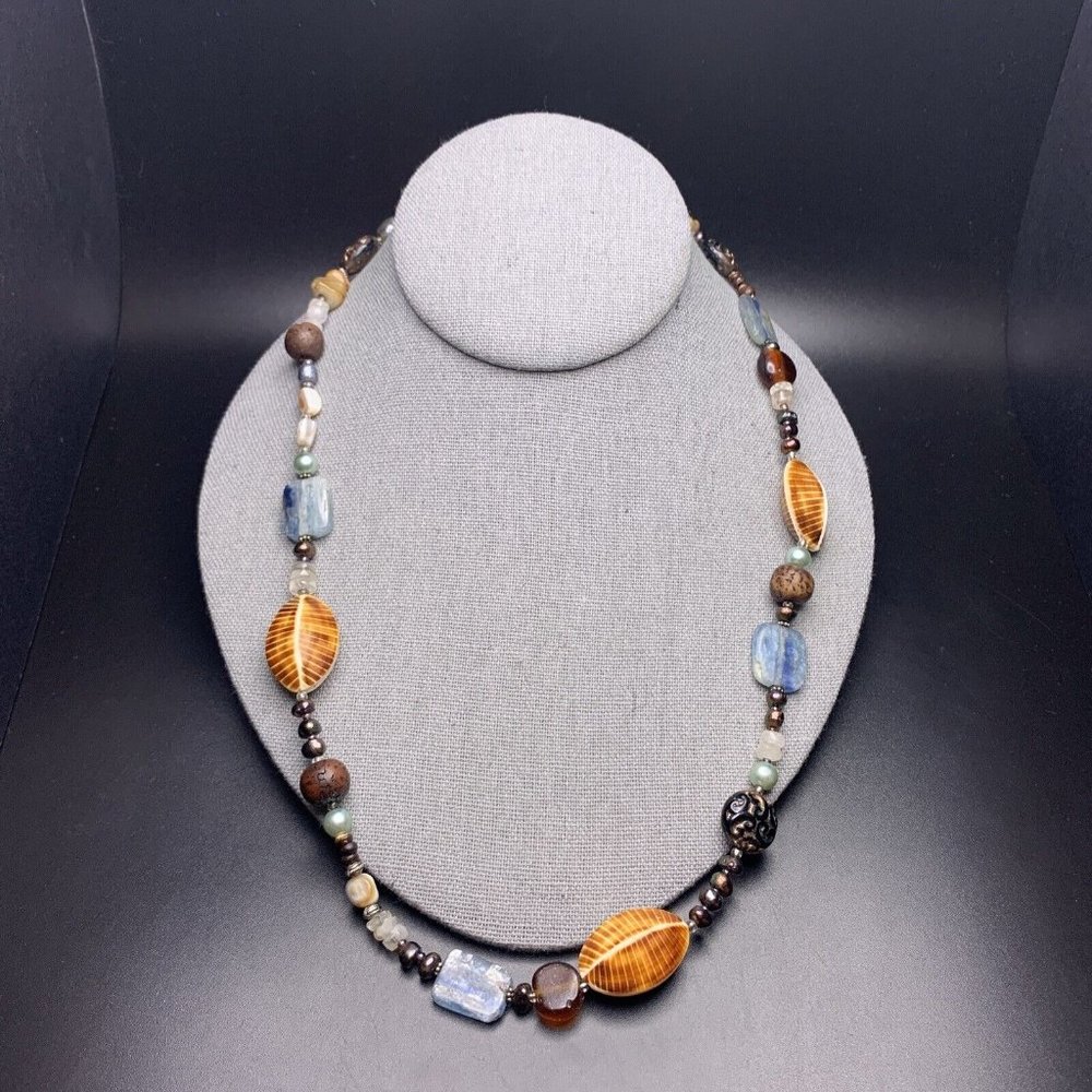 Beaded Necklace Gemstone Shell Glass Wooden Pearl Boho Copper Leaf Toggle